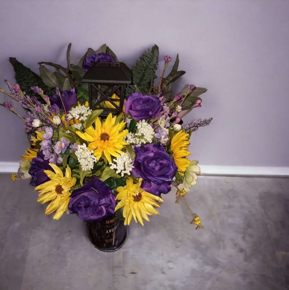 Cemetery Flowers in vase with solar lanterns